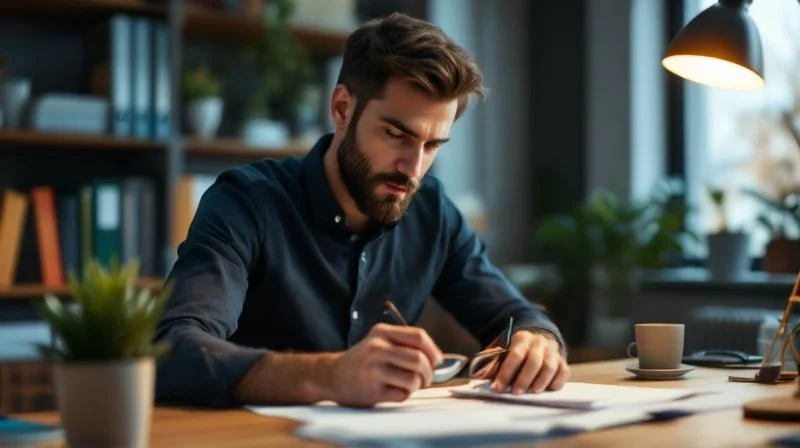 Frau berechnet Foerderung am Laptop in einem Buero in Oberhausen
