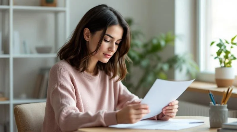 Frau sitzt an einem Schreibtisch in einer modernen Wohnung in Oberhausen und liest Weiterbildungsunterlagen