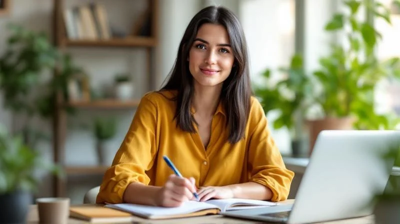 Frau mit Notizbuch und Laptop in einem modernen Arbeitszimmer in Oberhausen
