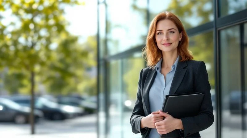 Professionelle Frau mit Mappe vor einem modernen Buerogebaeude in Oberhausen