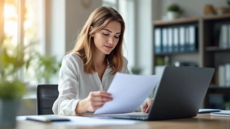 Frau in einem modernen Büro in Oberhausen plant ihren Karriereweg am Laptop