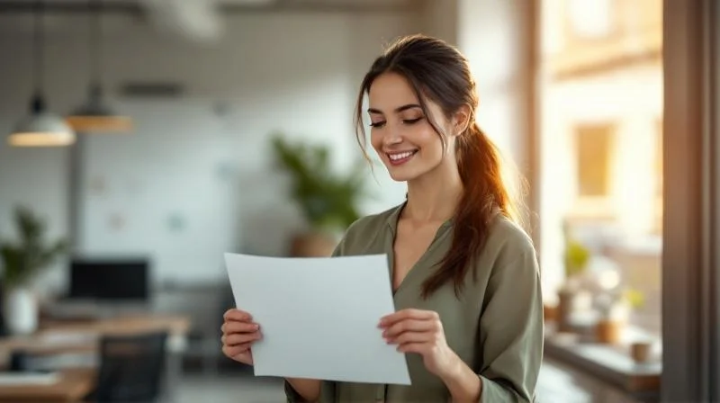 Mann haelt stolz sein IHK-Zeugnis in einem modernen Buero in Oberhausen