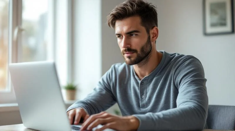 Mann arbeitet konzentriert am Laptop in einem hellen Raum mit Blick auf eine Strasse in Oberhausen