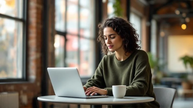 Frau sitzt mit Laptop in einem modernen Coworking Space im Ruhrgebiet