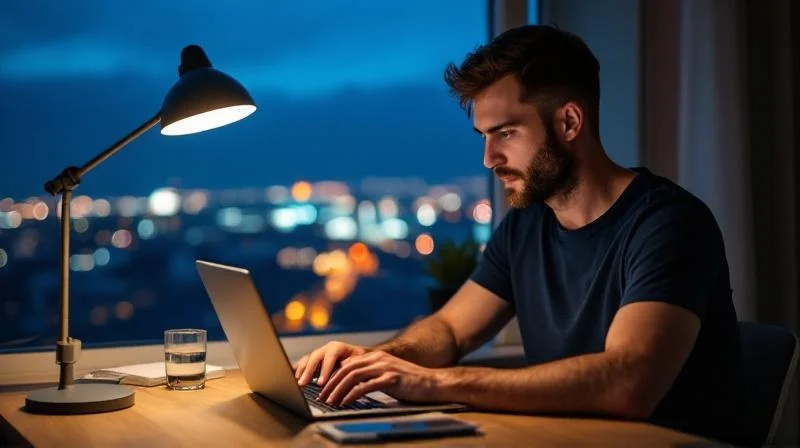 Mann arbeitet abends am Laptop in seiner Wohnung im Ruhrgebiet